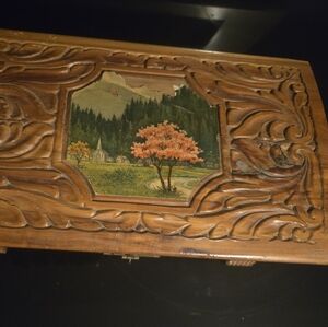 Handcrafted Wooden Jewelry Box with Scenic Inlay